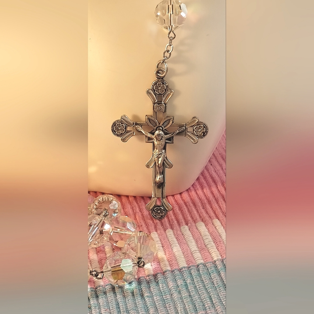 Huge Rhodium Over Sterling Vintage Crystal Rosary Beads With Crucifix